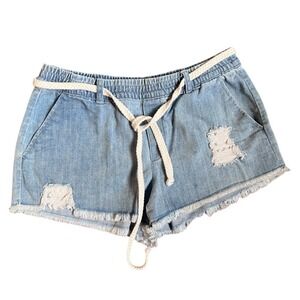 Aerie Womens Distressed Denim Shorts Light Wash Elastic Waist Rope Belt Small
